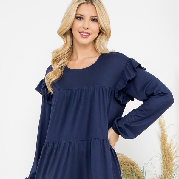 Women's Navy Blue Tiered Tunic Top with Sleeve Detail on Long Sleeves Navy Blue Dress