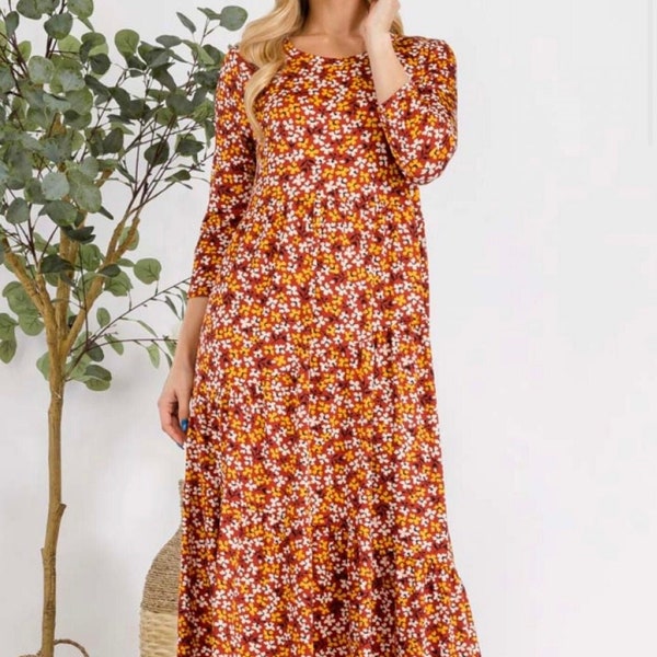 Women's Asymmetrical Tiered Midi Dress Rust Floral Maxi Dress