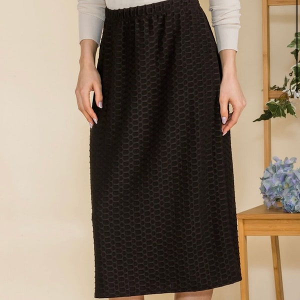 Liza Lou's Black Midi Honeycomb Skirt Stretchy Dress Skirt Misses and Plus Size Skirt