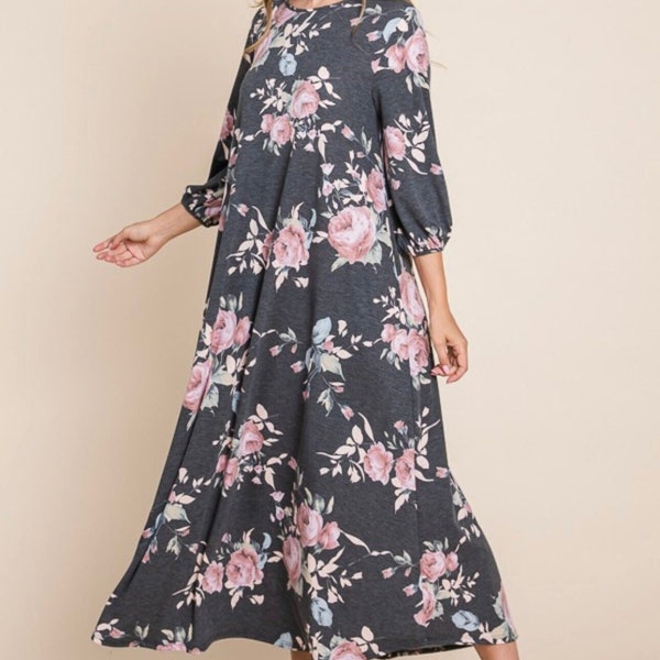 Women's Maxi Dress Long Full Dress BomBom Flowy Maxi Colorful Gray Floral Dress Women's Modest Dress