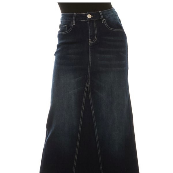 Women's  Denim Skirt Long Maxi Slight Textured Triangle Cut Long Denim Skirt Dark Blue