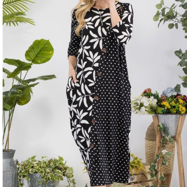Celeste Beautiful Black Contrast Polka Dot and Floral Maxi Midi Dress Misses & Plus Sizes