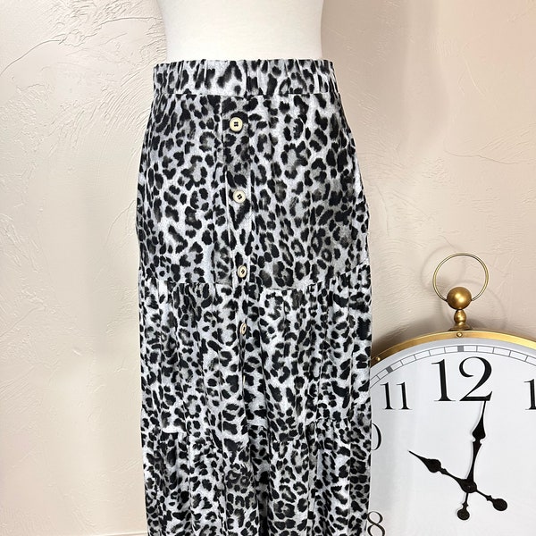 Black Skirt Black Leopard Animal Print Long Knit Tiered w/ Buttons up the Front Cheetah Skirt