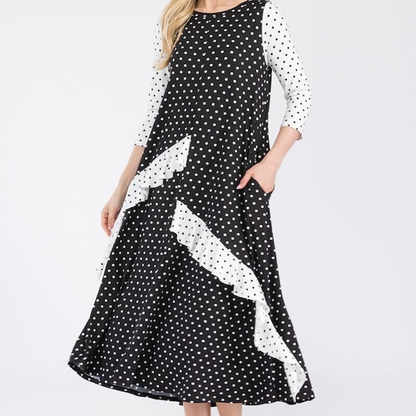 Women's Long Modest Maxi Dress Midi Black Dress Polka Dot Black Modest Dress with Ruffle Maxi Dress Black Dress