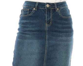 Womens Midi Denim Skirt Liza Lou's Indigo Denim Jean Skirt 28 inches Long Blue Denim