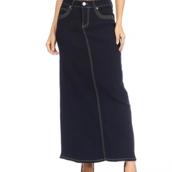 Women's Maxi Denim Long Skirt Dark Indigo Stretchy Long Modest Textured Denim Skirts Women's Long Dark Blue Jean Skirt