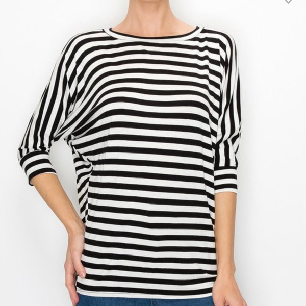 Womens Striped Top Black Striped Dolman Sleeve Modest Top Womens Striped Tunic Top