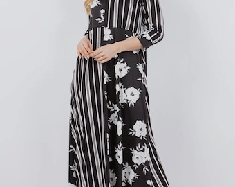 Womens Black Dress Floral Dress Striped Floral Maxi Dress Contrast Modest Midi Dress Maxi Dress