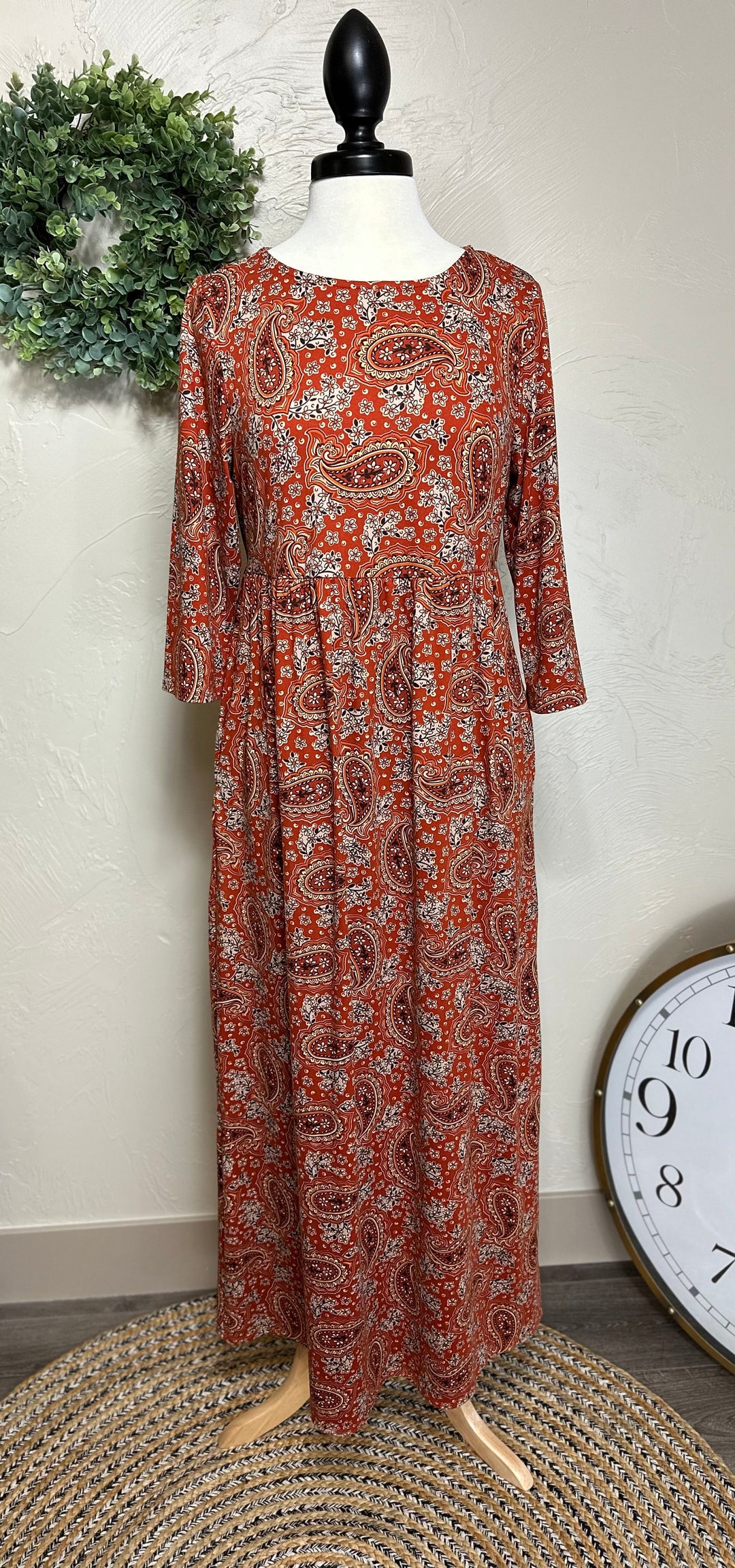 Womens Empire Waist Womens Maxi Dress Rust Paisley Empire Long Modest Maxi Dress Etsy