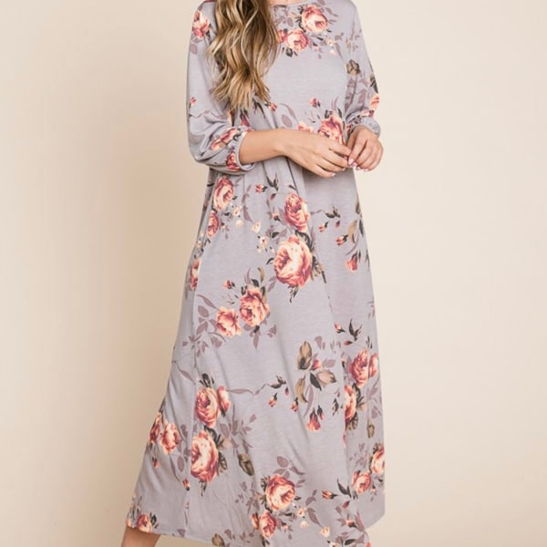 Womens Long Maxi Dress BomBom Flowy Maxi Colorful Taupe/Gray Floral Dress