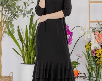 Liza Lou's Black Long Layering Dress with Bottom Ruffles