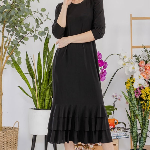 Liza Lou's Black Long Layering Dress with Bottom Ruffles