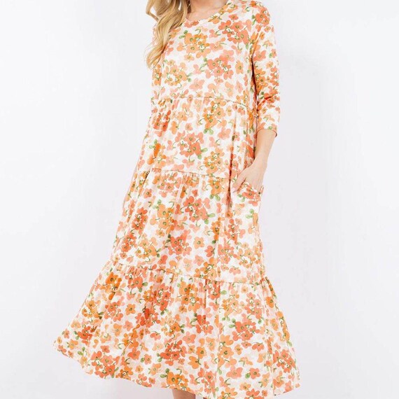 Maddy Autumn Floral Tiered Colorful Midi Long Dress Misses & Plus  
