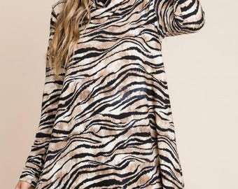 Zebra Black and Tan Cowl Neck Sweater Women&#39;s Tunic Top