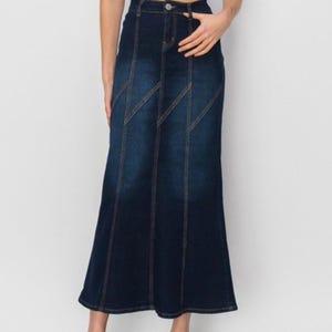 Liza&#39;s Zag Indigo Modest Long Denim Skirt Indigo