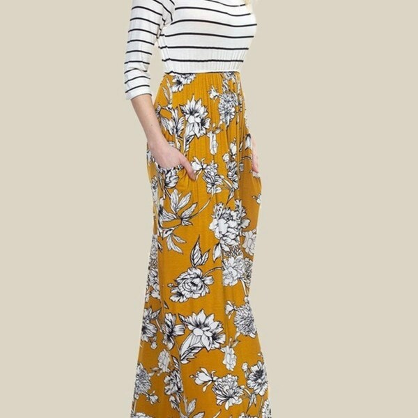 Mustard Yellow Dress Floral Maxi Dress Empire waist Dress Striped Jersey Maxi Dress