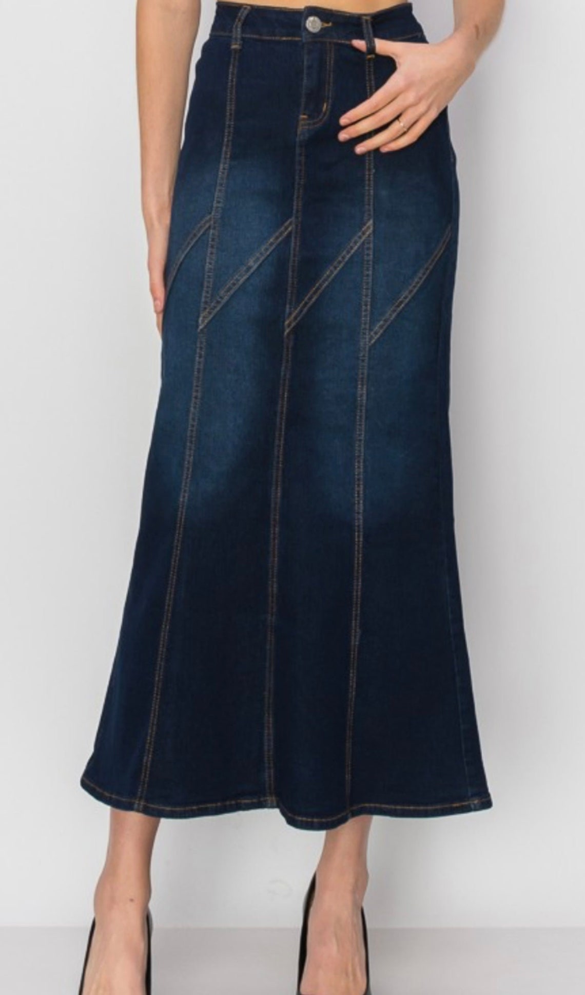 Women's Long Denim Maxi Modest Jean Skirt Indigo Blue Long Denim Skirt — free download