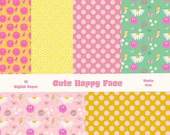 Digitaal papierpakket met retro groovy smileygezichten | Op jaren 70 geïnspireerde patronen (digitale download)