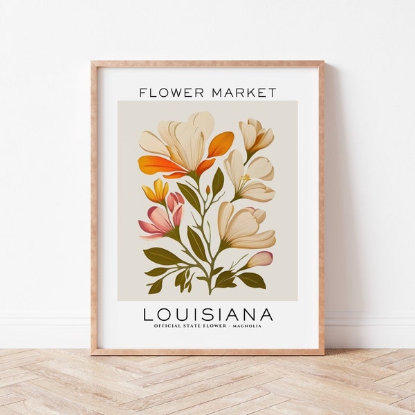Louisiana State Flower Print, Louisiana Flower Market Print, Magnolia Art Print, Floral Art Print, Neutral Botanical Print, Digital Download