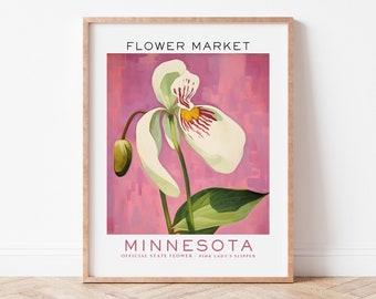 Minnesota State Flower Print, Minnesota Flower Market Art Print, Pink and White Lady's Slipper Print, Matisse Floral Print, Digital Download