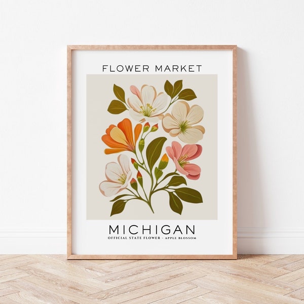 Impression de fleurs de l'État du Michigan, impression d'art du marché aux fleurs du Michigan, impression de fleurs de pommier, art mural floral, botanique neutre, téléchargement numérique