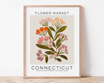 Connecticut State Flower Print, Connecticut Flower Market Print, Mountain Laurel Print, Neutral Botanical Print, Digital Download