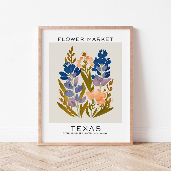 Texas State Flower Print, Texas Flower Market Print, Bluebonnet Art Print, Floral Art Print, Neutral Botanical Print, Digital Download