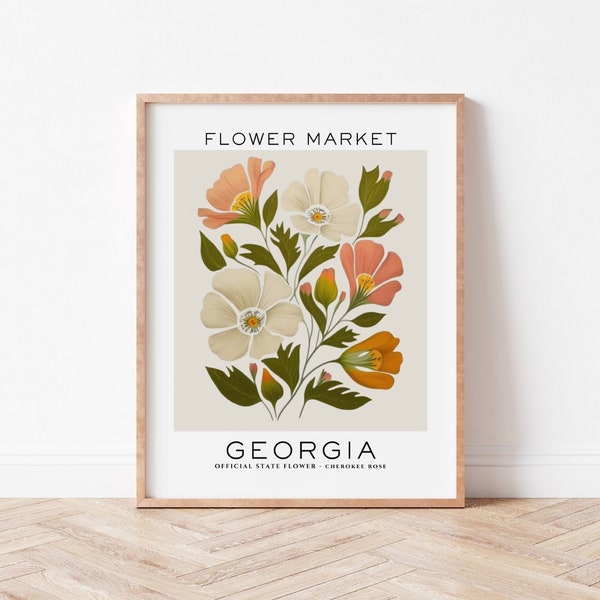 Georgia State Flower Print, Georgia Flower Market Print, Cherokee Rose Print, Floral Art Print, Neutral Botanical Print, Digital Download