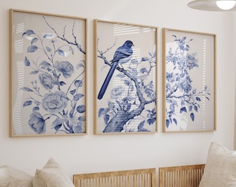 Blue Chinoiserie Set of 3 Prints, Chinoiserie Wall Art, Vintage Blue Floral Print, Chinoiserie Wall Decor, Triptych Wall Art, Volume 1