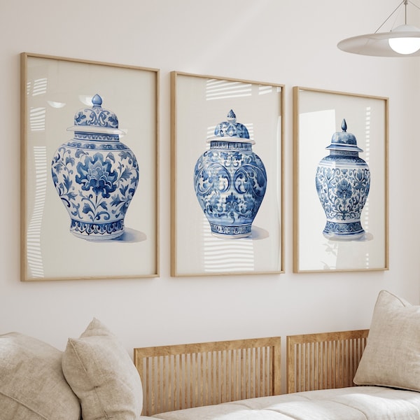 Blaues Chinoiserie-Ingwerglas-Set mit 3 Drucken, Porzellanvasen-Wandkunst, klassisches blau-weißes Dekor, Vintage-blauer Blumendruck, Delfter Blau