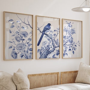 Blue Chinoiserie Set of 3 Prints, Chinoiserie Wall Art, Vintage Blue Floral Print, Chinoiserie Wall Decor, Triptych Wall Art, Volume 1