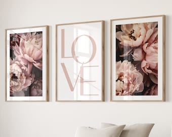 Romantic Love Floral Wall Art Set, Blush Pink Peony Prints, Modern Home Decor, Valentine's Day Wall Art, Minimalist Typography Poster