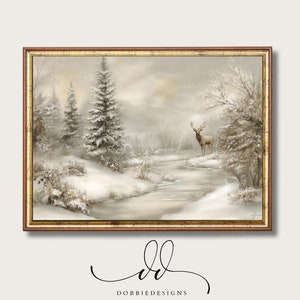 Arte mural con paisaje invernal, imprimible navideño, vintage, con bosque invernal y ciervos nevados, arte mural invernal neutro, temporada 241082-20