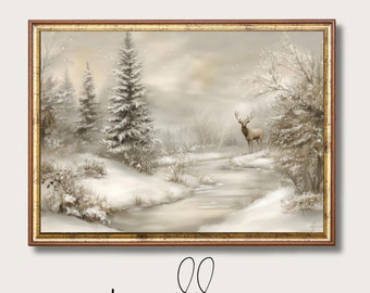Puede incluir: Una pintura enmarcada de una escena de invierno nevada con un ciervo de pie en un arroyo. La pintura está en tonos apagados de marrón, blanco y gris.