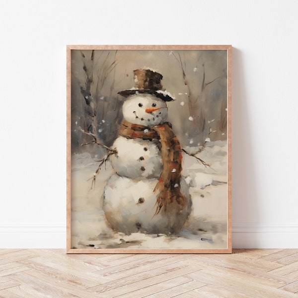 Charming Winter Snowman Art Print, Vintage Snowman Print, Vintage Winter Print, Rustic Christmas Wall Art, Seasonal Wall Decor