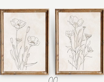 Minimalistische botanische Linie Kunst 2er Set Blumenskizze moderne Blumen-Wand-Dekor-rustikale neutrale Kunst-Vintage-Stil-Schlafzimmer-Dekor-241059