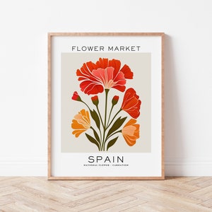 Spain Flower Market Print, Botanical Wall Art, Spain Flower Market Poster, Spain National Flower Print, Spain Travel Art, Carnation Print image 1