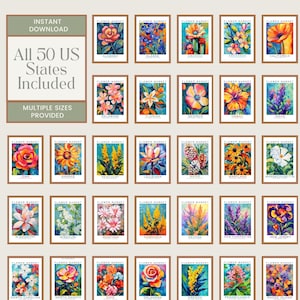 Paquete de impresiones de flores estatales, impresión de arte mural de los 50 estados de EE. UU., impresión artística del mercado de flores, impresión floral, impresión de arte botánico, descarga digital