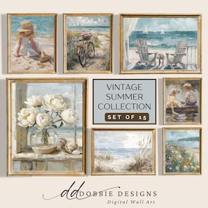 Vintage Summer Gallery Wall Set of 15, Coastal Beach Art Print Set of 15, Vintage Summer Collection Wall Decor, Seascape Paintings, 241031