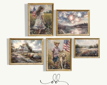 Conjunto de arte de parede para impressão do Dia da Independência com 5 impressões, pintura de 4 de julho, bandeira americana, decoração de parede vintage de verão dos EUA, conjunto patriótico 241067