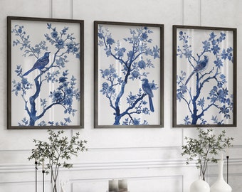 Blue Chinoiserie Set of 3 Prints Chinoiserie Wall Art Vintage Blue Floral and Bird Print Chinoiserie Wall Decor Porcelain Pattern Art 241057