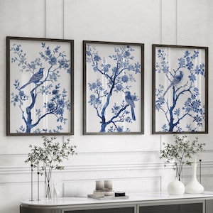 Blue Chinoiserie Set of 3 Prints Chinoiserie Wall Art Vintage Blue Floral and Bird Print Chinoiserie Wall Decor Porcelain Pattern Art 241057