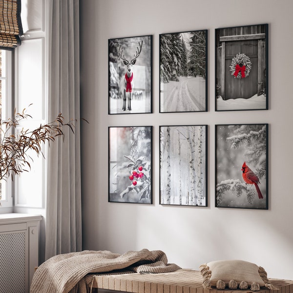 Black-White-Red Prints, Winter Aesthetic, Winter Gallery Wall, Set of 6 Monochromatic Prints, Downloadable Winter Art, Decorative Winter