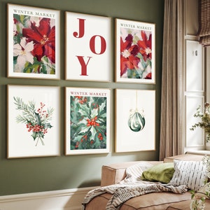 Kerstmarkt print, set van 6, kerstmuurkunst, kerstgalerij kunst aan de muur, modern vakantiedecor, wintermarktafdrukken, vakantiemarkt