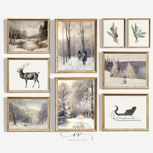 Winter Gallery Wall, Vintage Art, Winter Landscape Art, Rustic Decor, Set of 9 Prints, Holiday Decor, Farmhouse Decor, Vintage Winter 241084