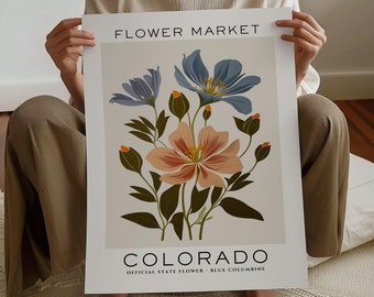 Colorado State Flower Print, Colorado Flower Market Print, Blue Columbine Print, Floral Wall Art, Neutral Botanical Print, Digital Download