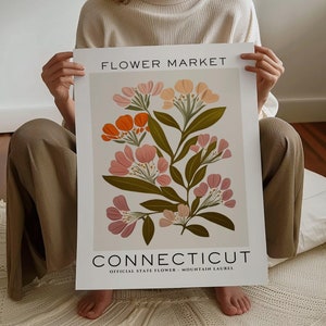 Impresión de flores del estado de Connecticut, impresión del mercado de flores de Connecticut, impresión de laurel de montaña, impresión botánica neutral, descarga digital