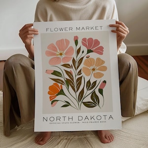 Impresión de flores del estado de Dakota del Norte, Impresión del mercado de flores de Dakota del Norte, Impresión de rosas de pradera, Impresión de arte floral, Botánico neutro, Descarga digital
