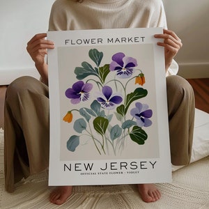 Impresión de flores del estado de Nueva Jersey, impresión del mercado de flores de Nueva Jersey, impresión de arte violeta, impresión de arte floral, impresión botánica neutra, descarga digital