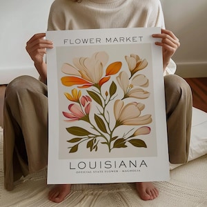 Bloemenprint Louisiana staat, Louisiana bloemenmarkt print, Magnolia Art Print, Floral Art Print, neutrale botanische print, digitale download